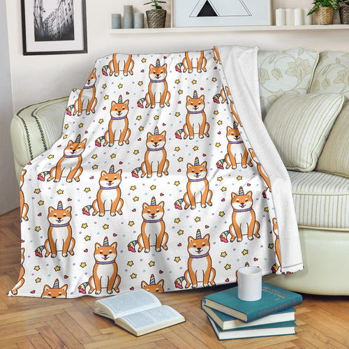 Shiba Inu Unicorn Costume Horn Colorful Tail Pattern Premium Blanket