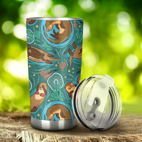 Cute Brown Sea Otters Ornamental Seaweed Corals Green Water Tumbler