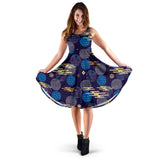 Blue Japanese Pattern Cloud Wave Flower Sleeveless Midi Dress