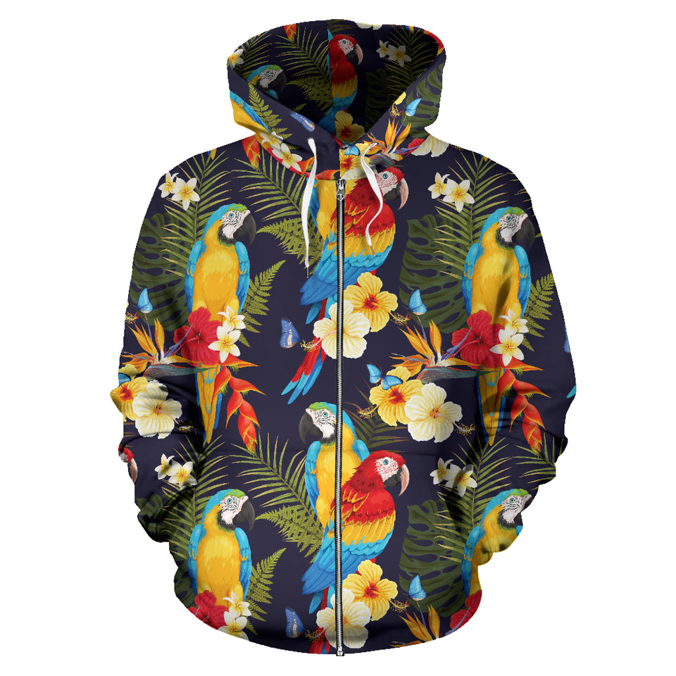 Colorful Parrot Flower Pattern Zip Up Hoodie