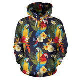 Colorful Parrot Flower Pattern Zip Up Hoodie