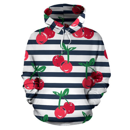 Hand Drawn Cherry Pattern Striped Background Men Women Pullover Hoodie