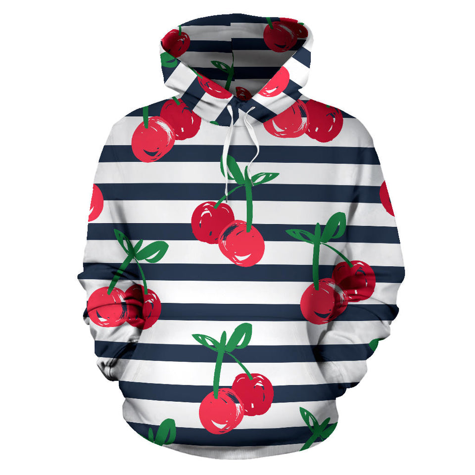Hand Drawn Cherry Pattern Striped Background Men Women Pullover Hoodie
