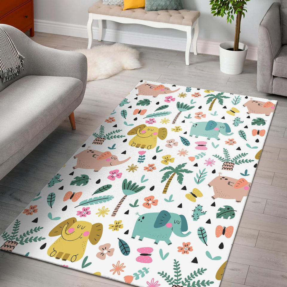 Cute Elephants Palm Tree Flower Butterfly Pattern Area Rug