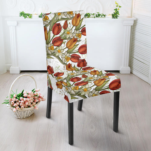 Red Tulips And Daffodils Pattern Dining Chair Slipcover