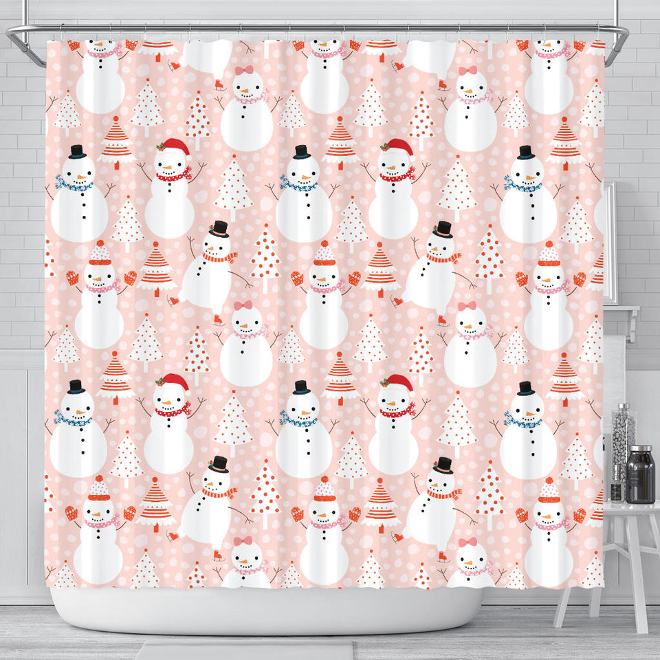 Cute Snowman Christmas Tree Snowpink Background Shower Curtain Fulfilled In US