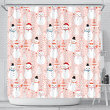 Cute Snowman Christmas Tree Snowpink Background Shower Curtain Fulfilled In US