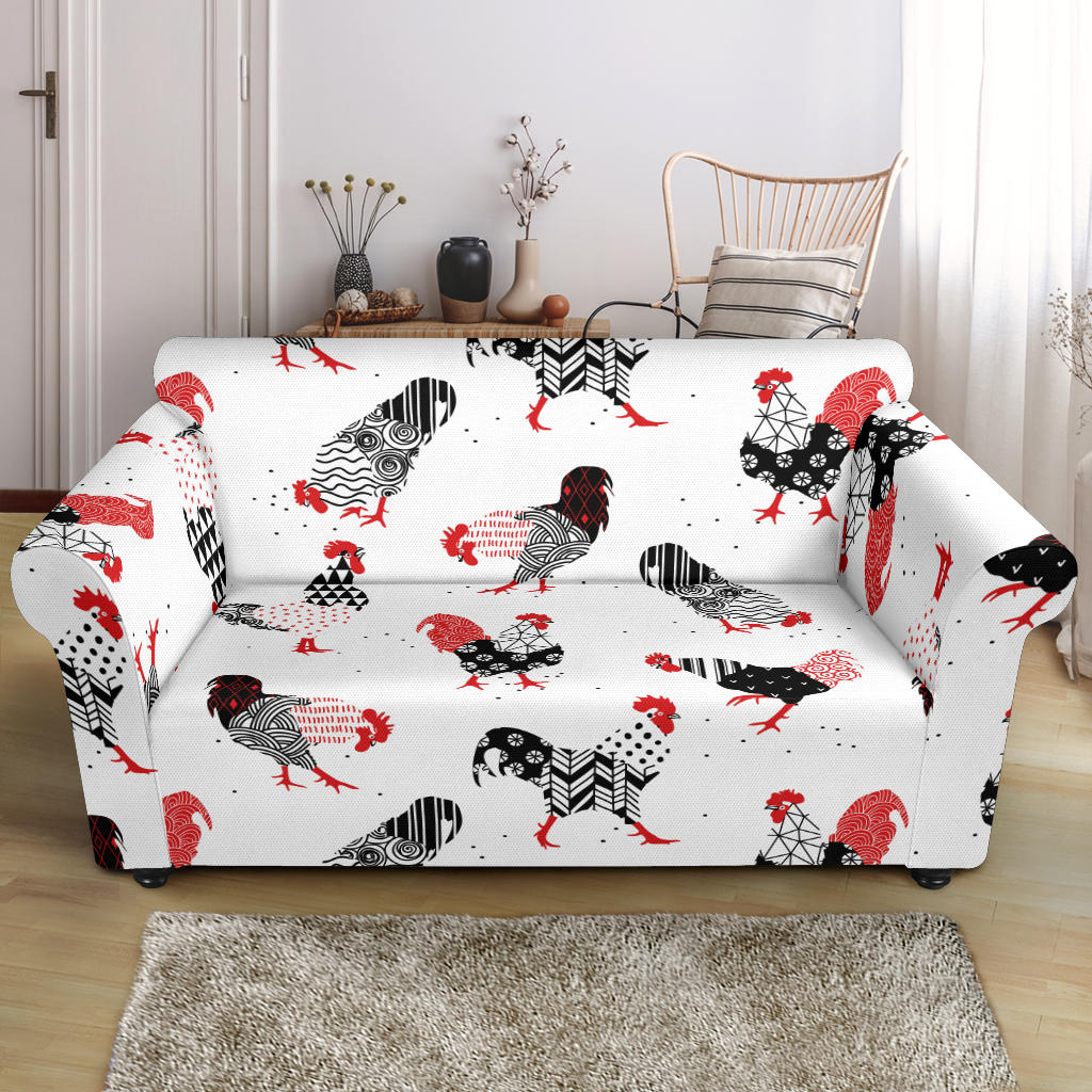 Cool Rooster Chicken Cock Floral Ornament Background Loveseat Couch Slipcover