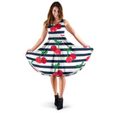 Hand Drawn Cherry Pattern Striped Background Sleeveless Midi Dress