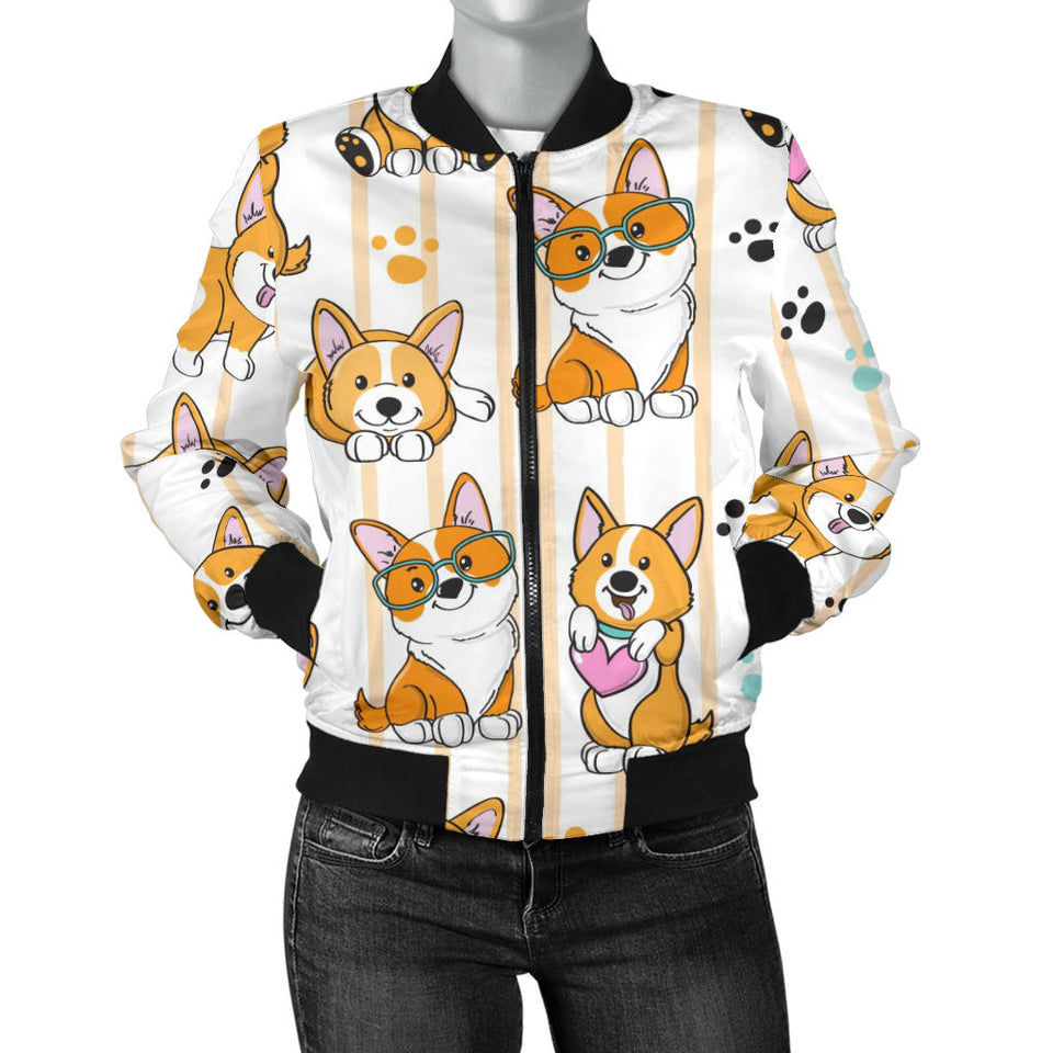 Cute Dog Corgi Striped Background Pattern Women'S Bomber Jacket