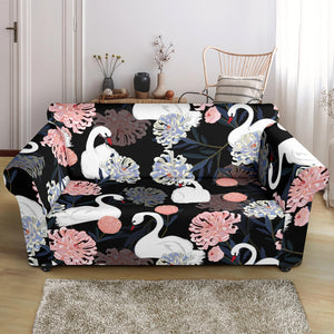 White Swan Blooming Flower Pattern Loveseat Couch Slipcover