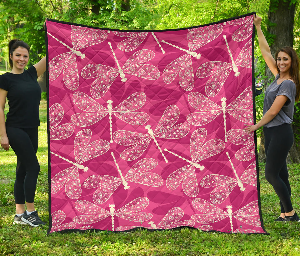 Beautiful Dragonfly Pink Background Premium Quilt