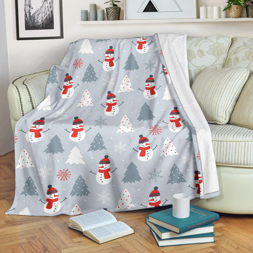 Snowman Christmas  Tree Snow Gray Background Premium Blanket