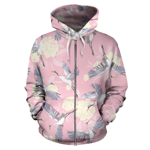 Japanese Crane Rose Pattern Zip Up Hoodie