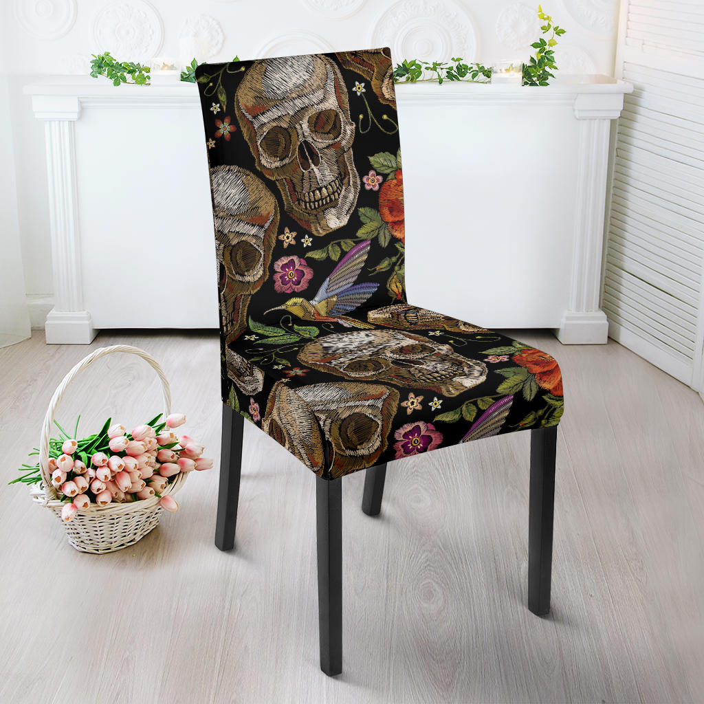 Skull Rose Humming Bird Flower Pattern Dining Chair Slipcover