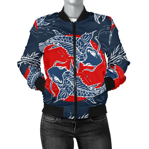 Koi Fish Carp Fishs Hand Drawn Japanese Art Women'S Bomber Jacket