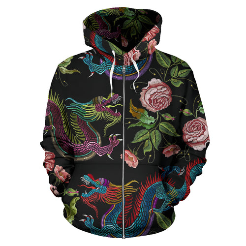 Dragons Flower Pattern Zip Up Hoodie