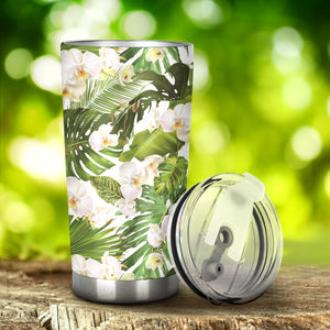 White Orchid Flower Tropical Leaves Pattern Tumbler