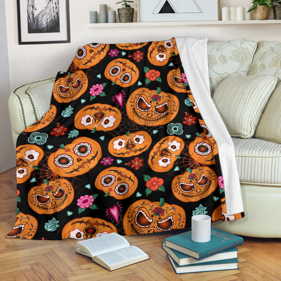 Pumpkin Flowers Spiderweb Halloween Theme Premium Blanket