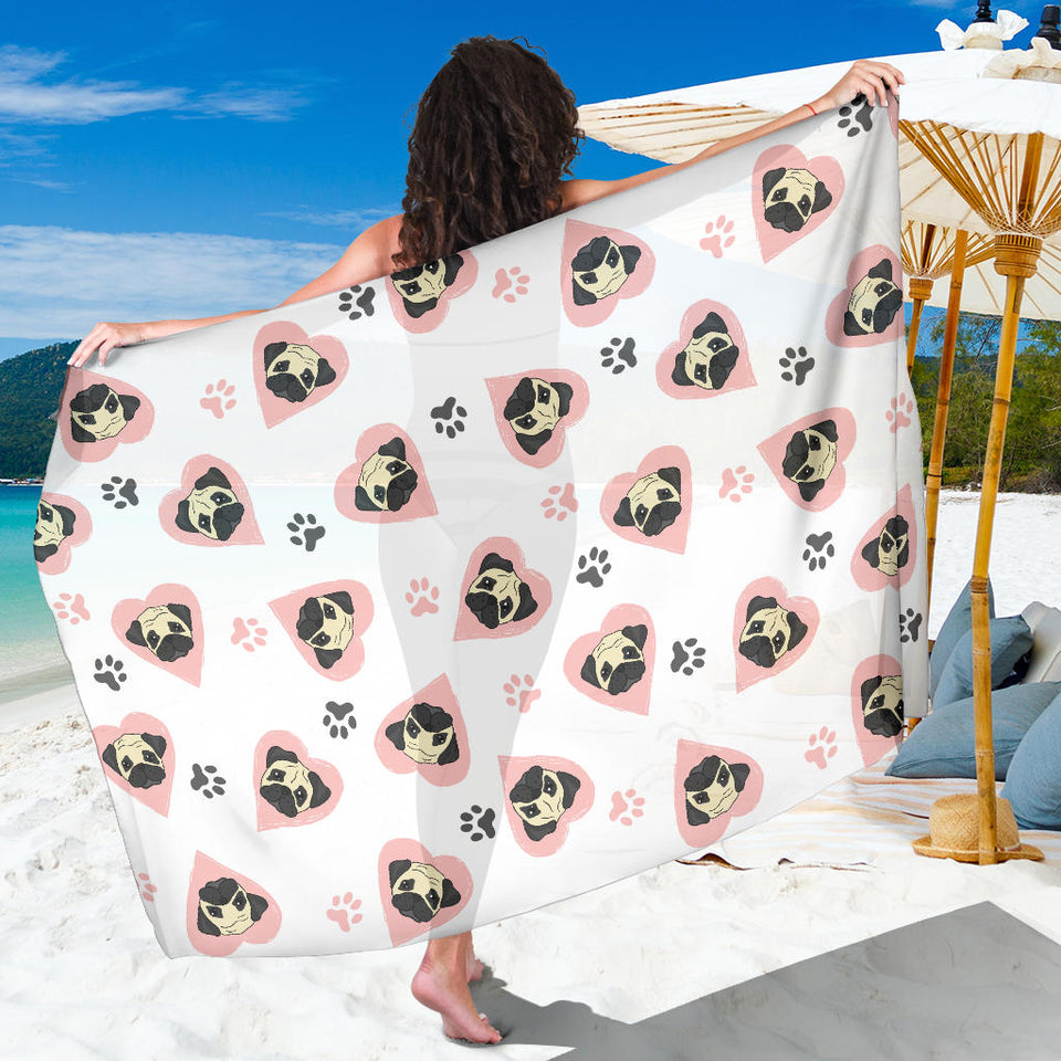 Cute Pugs Pink Heart Paw Pattern Sarong