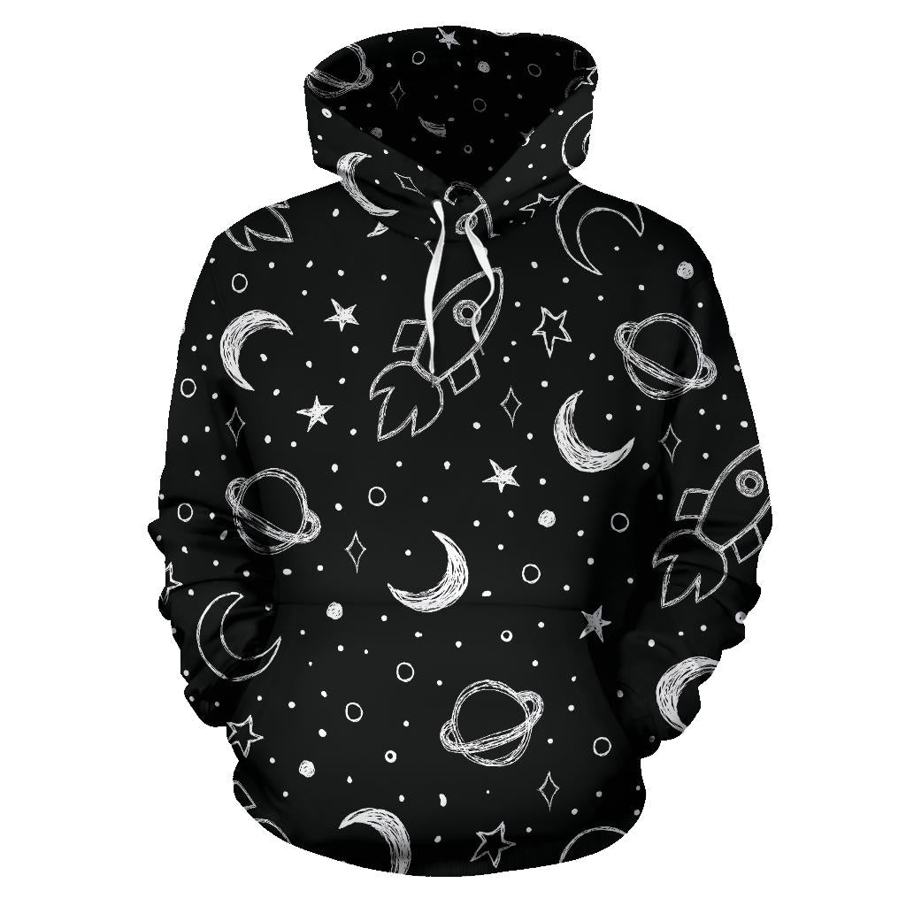 Hand Drawn Space Rocket Star Planet Men Women Pullover Hoodie