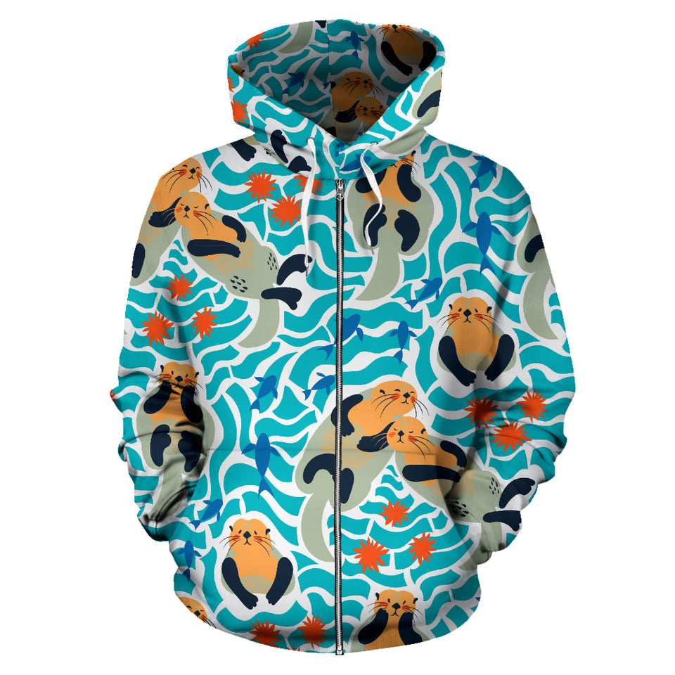 Cute Sea Otters Fishe Sea Urchin Pattern Zip Up Hoodie