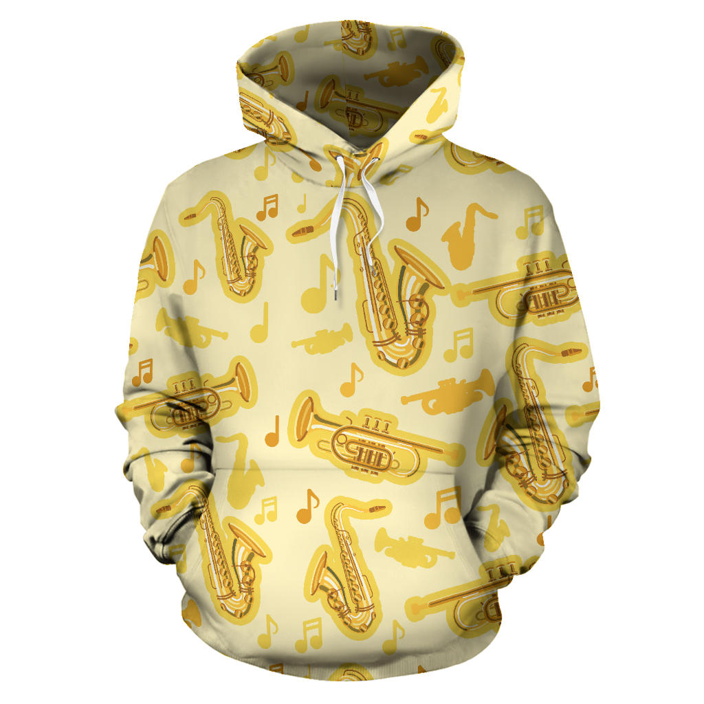 Saxophone Cornet Pattern Yellow Background Men Women Pullover Hoodie