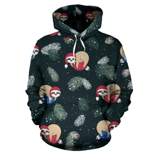 Cute Sloths Sleeping Christmas Ball Santa Hat Pattern Men Women Pullover Hoodie