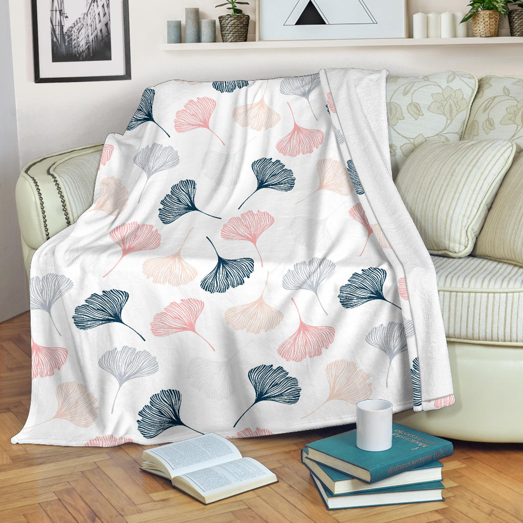Black Gray Cream Coral Ginkgo Leaves Pattern Premium Blanket