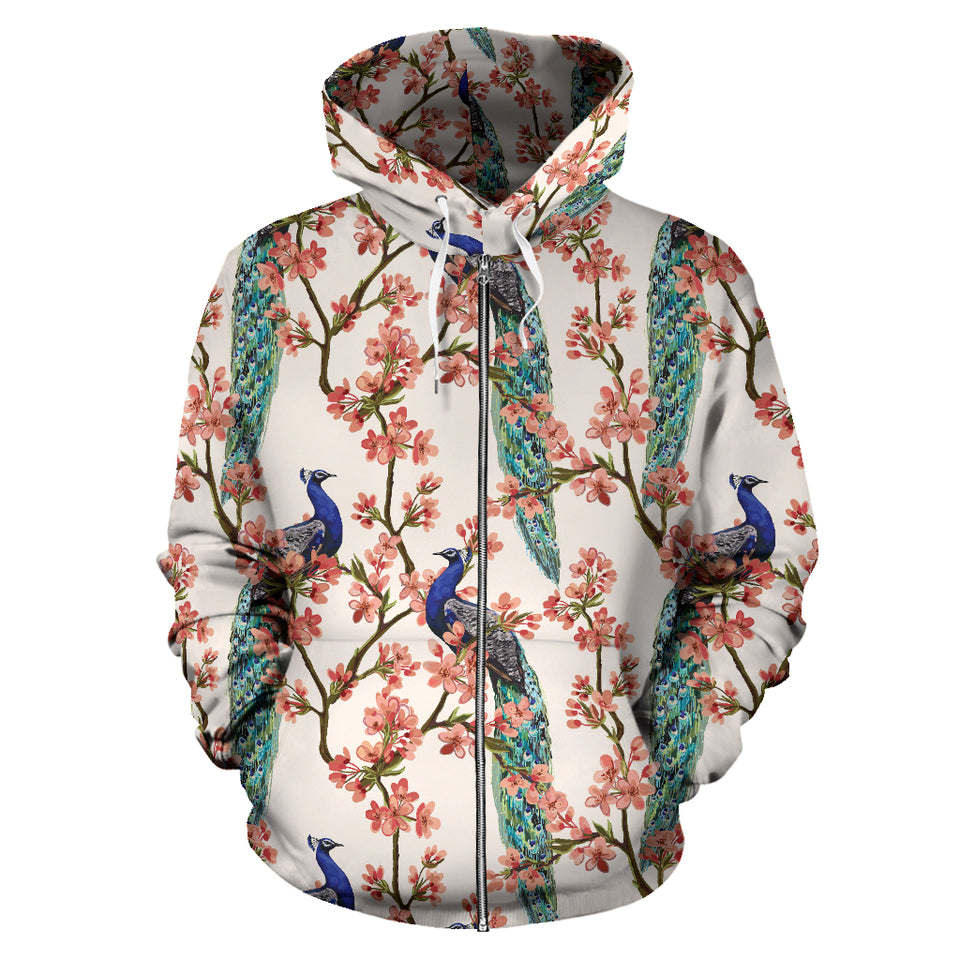 Peacock Tropical Flower Pattern Zip Up Hoodie