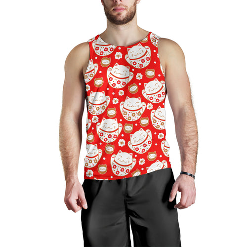 Cute Maneki Neko Lucky Cat red background Men Tank Top