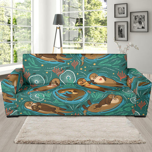 Cute Brown Sea Otters Ornamental Seaweed Corals Green Water Sofa Slipcover
