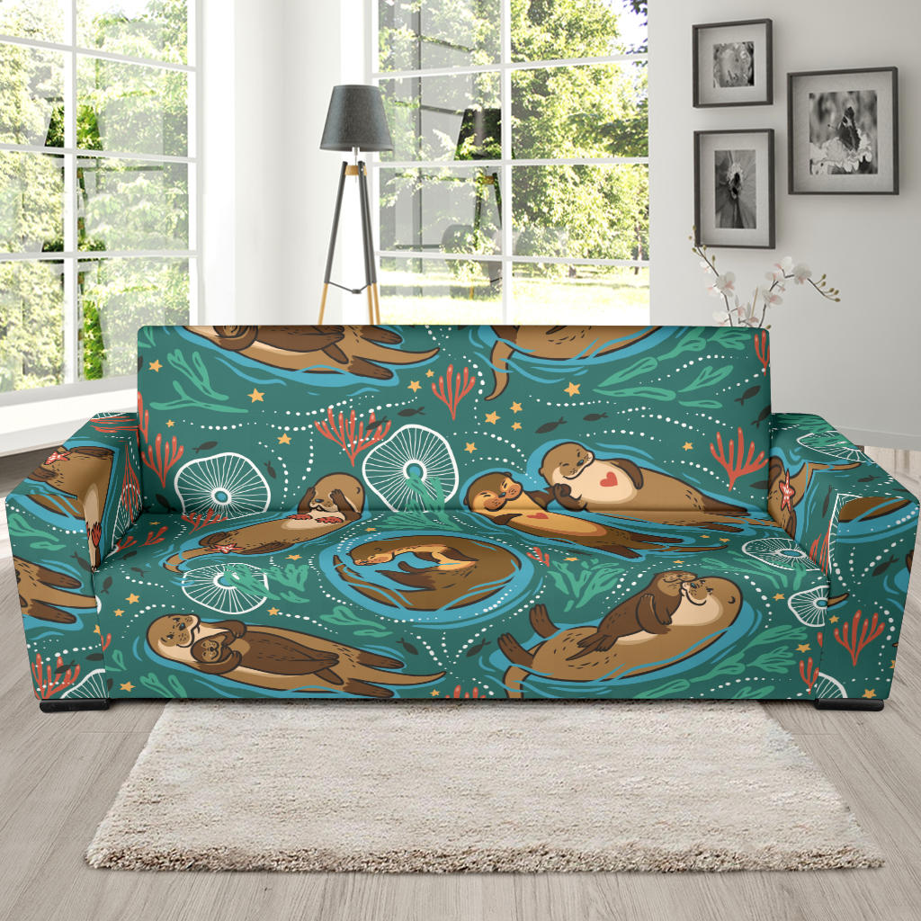 Cute Brown Sea Otters Ornamental Seaweed Corals Green Water Sofa Slipcover