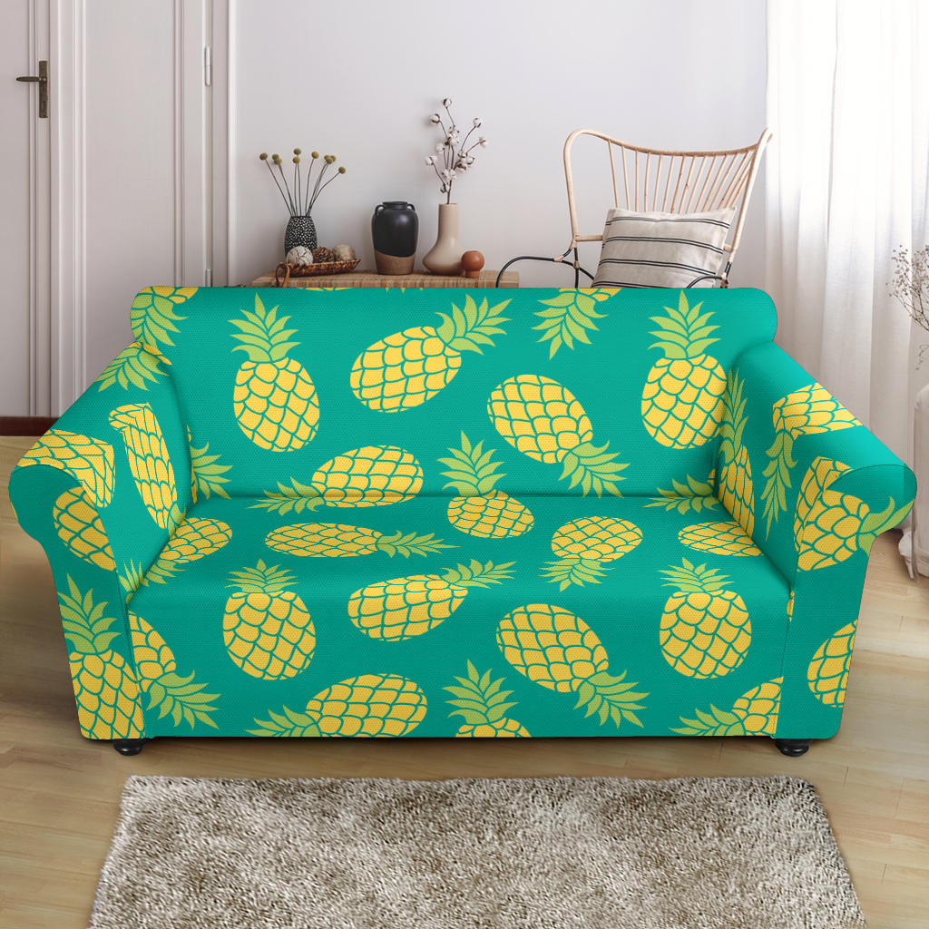 Pineapples Pattern Green Background Loveseat Couch Slipcover