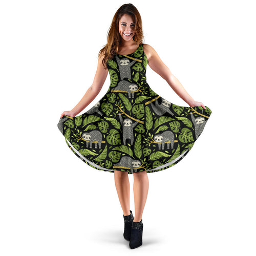 Cute Sloths Tropical Palm Leaves Black Background Sleeveless Midi Dress