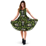 Cute Sloths Tropical Palm Leaves Black Background Sleeveless Midi Dress