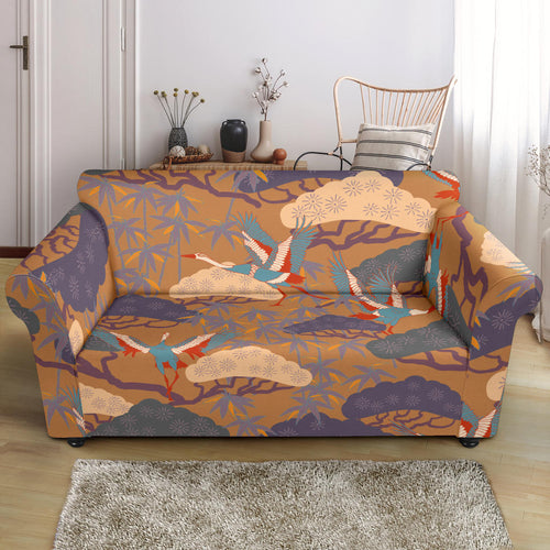 Bonsai Bamboo Stork Japanese Pattern Brown Theme Loveseat Couch Slipcover