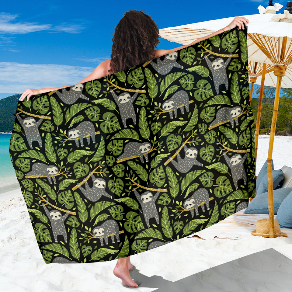 Cute Sloths Tropical Palm Leaves Black Background Sarong