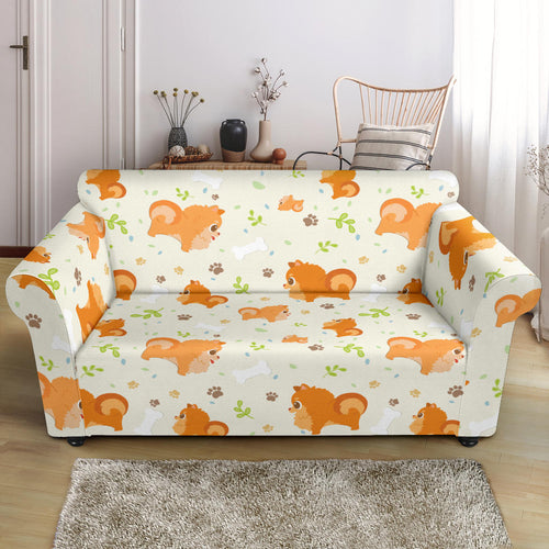 Cute Brown Pomeranian Paw Leave Bone Pattern Loveseat Couch Slipcover