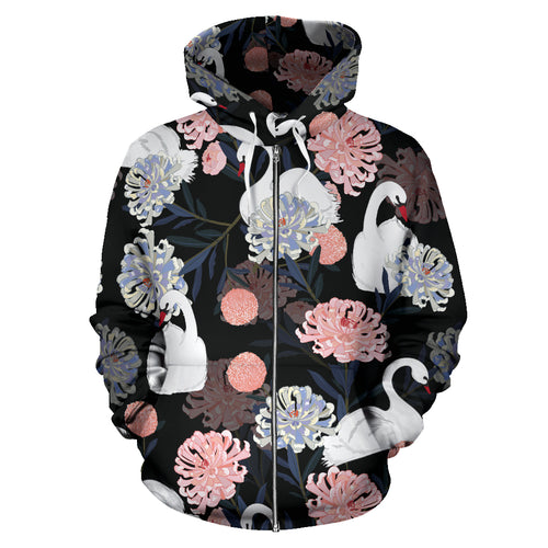 White Swan Blooming Flower Pattern Zip Up Hoodie