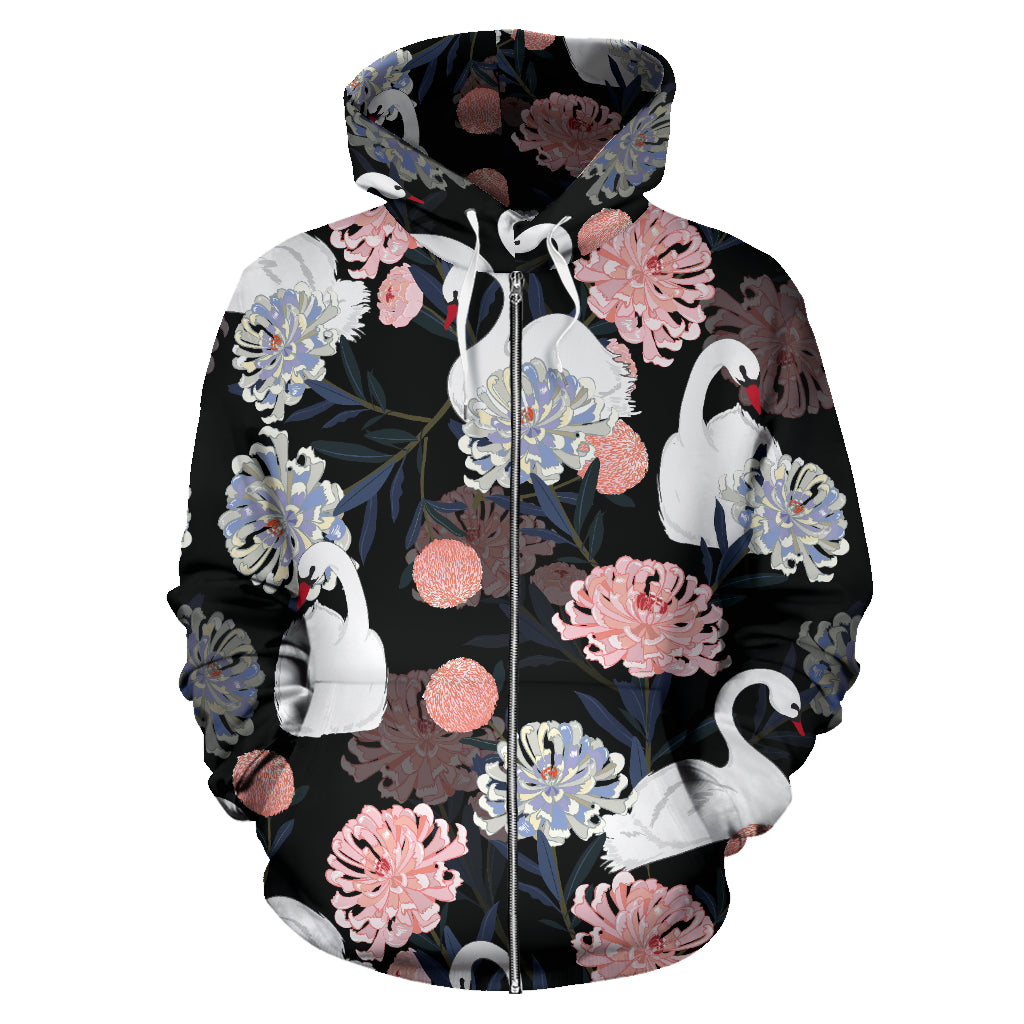 White Swan Blooming Flower Pattern Zip Up Hoodie