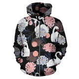 White Swan Blooming Flower Pattern Zip Up Hoodie