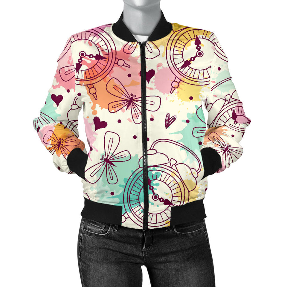 Clock Butterfly Pattern Women'S Bomber Jacket
