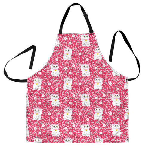 Maneki Neko Lucky Cat Sakura Pink Background Adjustable Apron