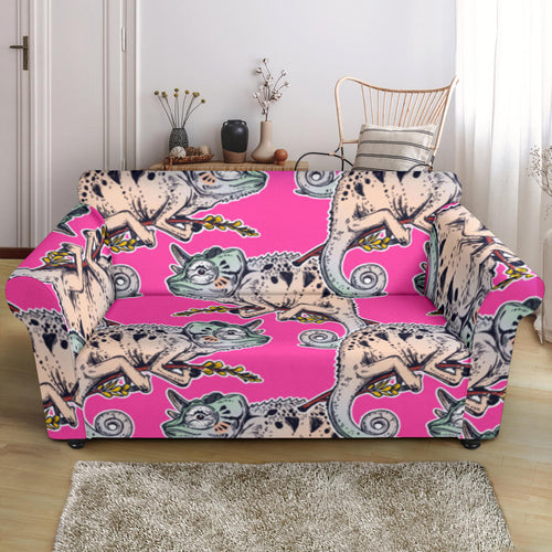 Chameleon Lizard Pattern Pink Background Loveseat Couch Slipcover
