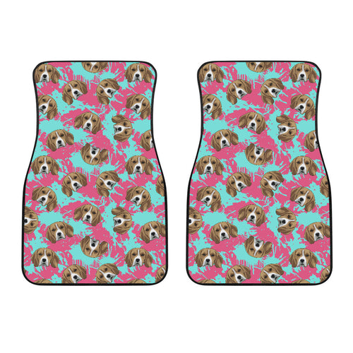 Beagle Muzzles Turquoise Paint Splashes Pink Pattern  Front Car Mats