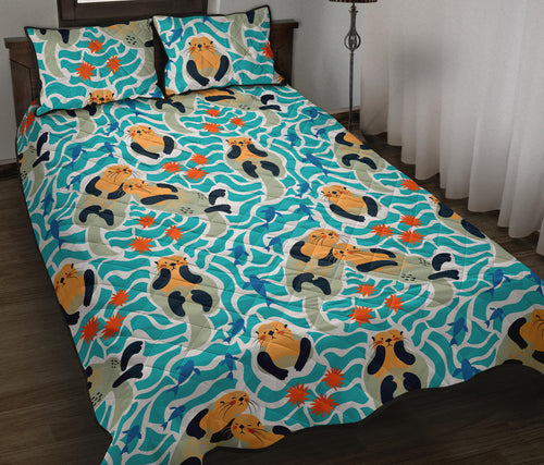 Cute sea otters fishe sea urchin pattern Quilt Bed Set