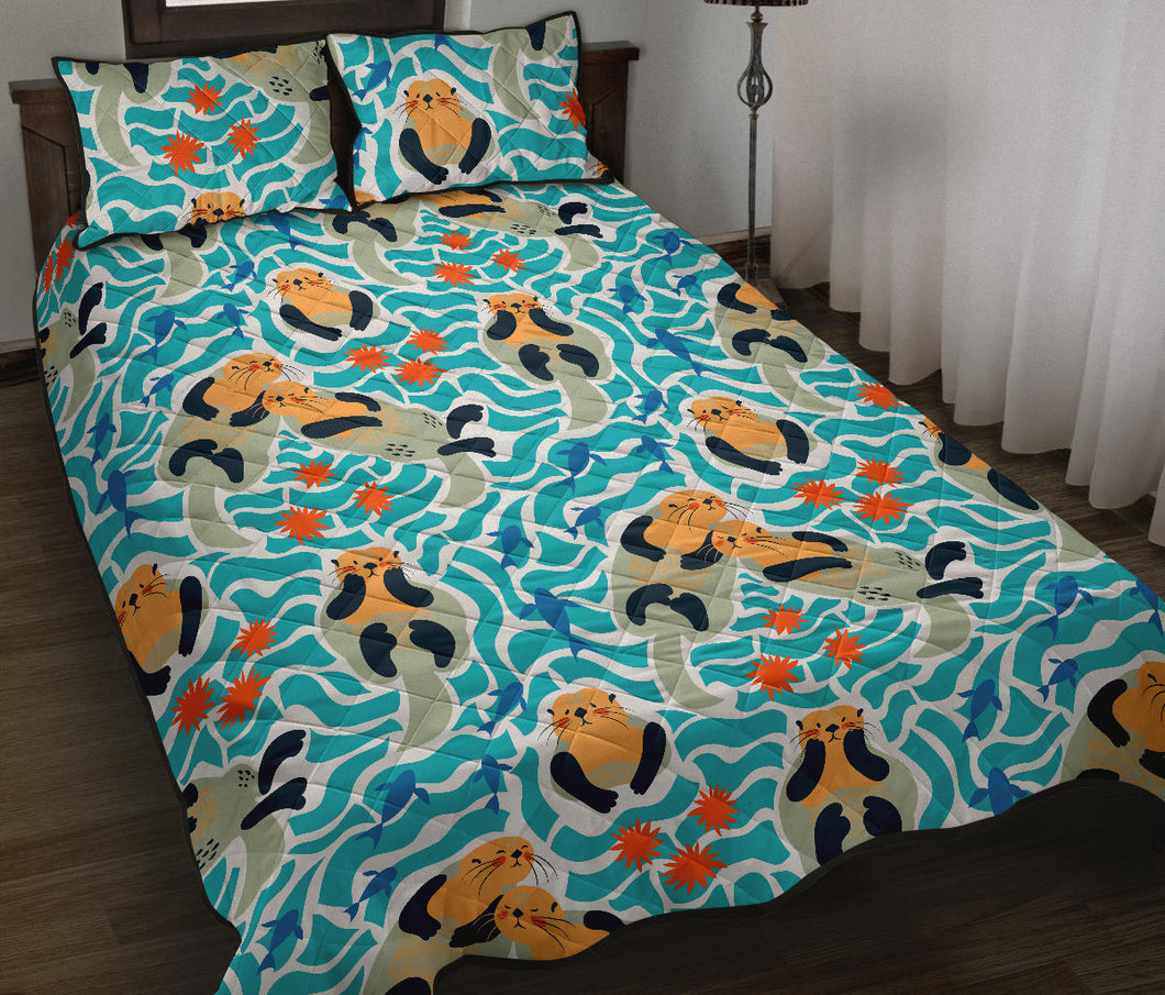 Cute sea otters fishe sea urchin pattern Quilt Bed Set