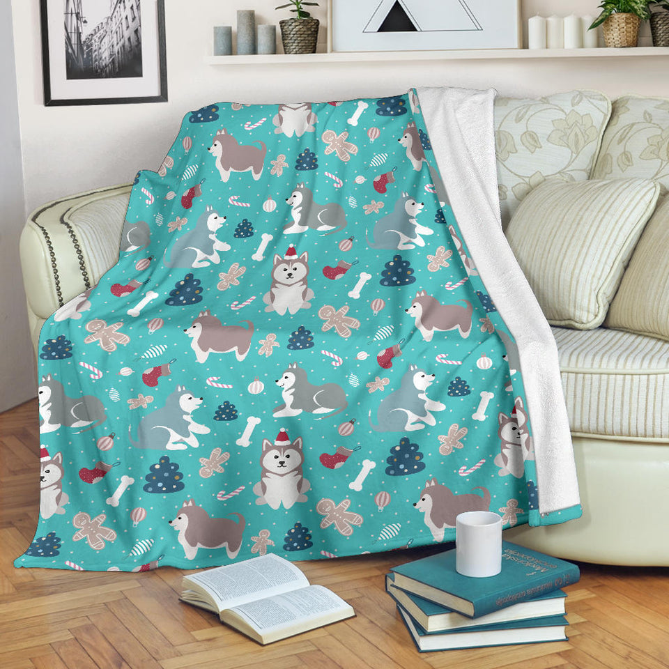 Christmas Cute Siberian Husky Puppie Pattern Premium Blanket