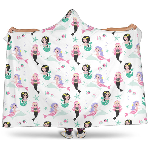 Cute Mermaid Dolphin Fish Starfish Pattern Hooded Blanket